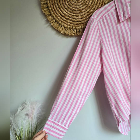 LOFT, Pink Striped Linen Blend Button Down Tie Front Everyday Shirt SZ Large - Picture 7 of 14